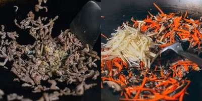 Bắc chảo lên bếp phi với chút tỏi băm cho thơm, sau đó cho thịt bò vào đảo nhanh trên lửa lớn. Tiếp đến cho cà rốt và măng vào xào, hạ lửa vừa.