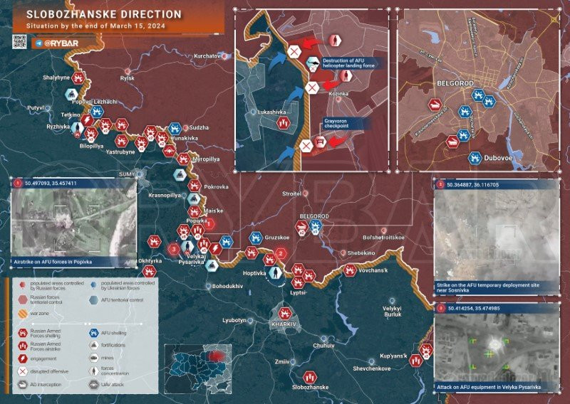 Bản đồ chiến sự Ukraine ngày 15/3, hướng Slobozhanske. (Ảnh: Rybar)