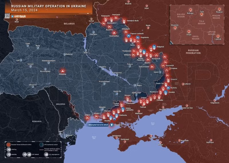 Bản đồ chiến sự Ukraine ngày 15/3. (Ảnh: Rybar)