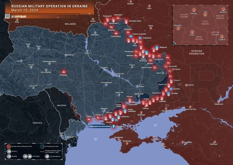 Bản đồ chiến sự Ukraine ngày 15/3. (Ảnh: Rybar)