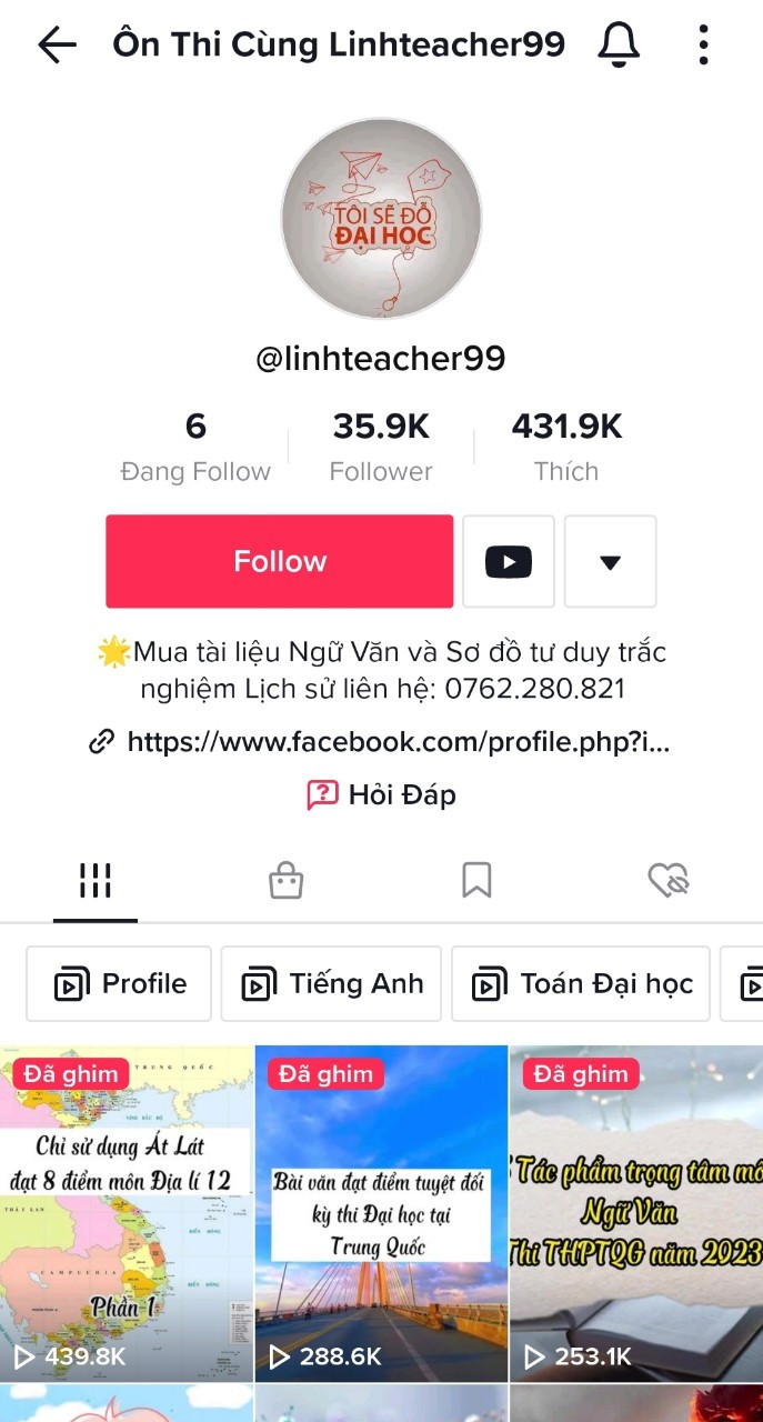 Kênh Tik Tok Ôn thi cùng Linhteacher99 do Thiếu úy Đỗ Văn Linh xây dựng.