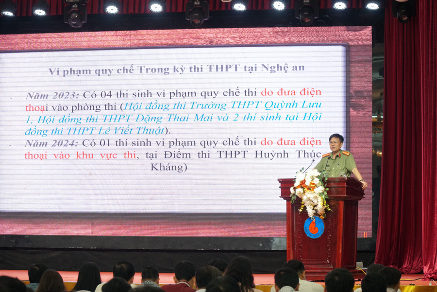 Đại diện công an tỉnh Nghệ An phổ biến các kỹ thuật, biện pháp phòng ngừa gian lận trong thi cử. Ảnh: Hồ Lài tap-huan-kiem-tra-thanh-tra-thi-4.jpg