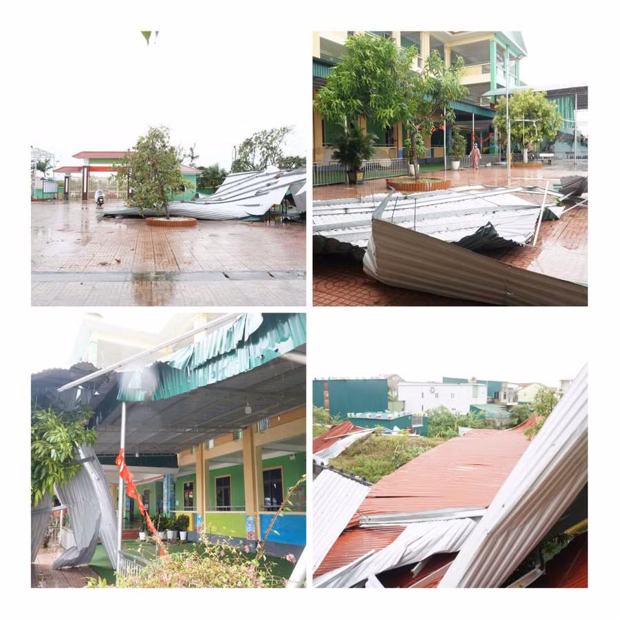 Mái tôn của 2 dãy phòng học 2 tầng và dãy phòng học mới 3 tầng đều bị gió bão đánh bay, rơi xuống ngổn ngang xung quanh trường.