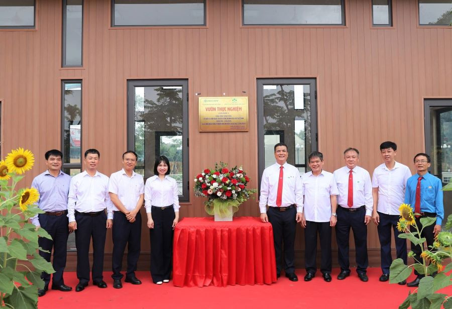 Bà Nguyễn Thị Thu Bình - Thành viên Hội đồng thành viên, Phụ trách Hội đồng Thành viên Tập đoàn Hoá chất Việt Nam và Ông Phạm Thanh Tùng - Bí thư Đảng ủy, Tổng Giám đốc Công ty cùng các đại biểu gắn biển Công trình &quot;Vườn thực nghiệm” ngày 24/6/2024.