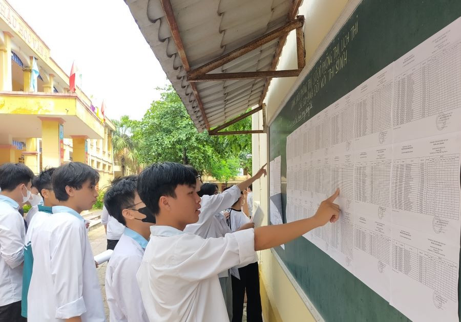 Các thí sinh có mặt rất sớm tại điểm thi Trường THPT Long Châu Sa để rà soát thông tin. Các thí sinh có mặt rất sớm tại điểm thi Trường THPT Long Châu Sa để rà soát thông tin.