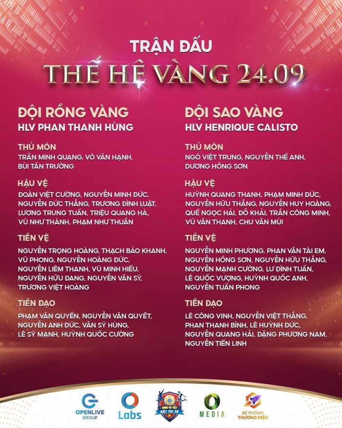 Danh sách cầu thủ tham dự trận đấu giao hữu từ thiện của 'Thế hệ vàng' bóng đá Việt Nam. Danh sách cầu thủ tham dự trận đấu giao hữu từ thiện của 'Thế hệ vàng' bóng đá Việt Nam.