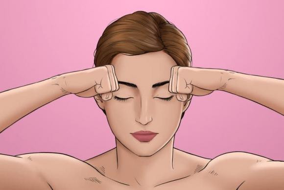 Bước đầu tiên là tạo thành nắm đấm và đặt các đốt ngón tay giữa lên trán. Nhấn mạnh, bắt đầu từ giữa đến cuối trán. Thực hiện 30 lần. Bước đầu tiên là tạo thành nắm đấm và đặt các đốt ngón tay giữa lên trán. Nhấn mạnh, bắt đầu từ giữa đến cuối trán. Thực hiện 30 lần.