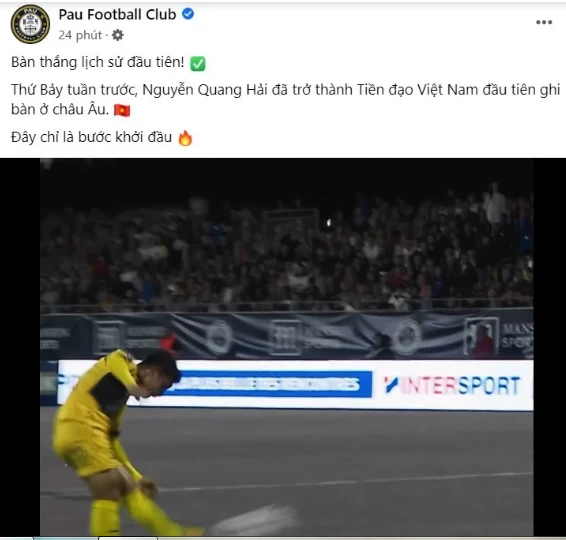 Quang Hải được trang chủ Pau FC tôn vinh sau bàn thắng đầu tiên ở Ligue. 