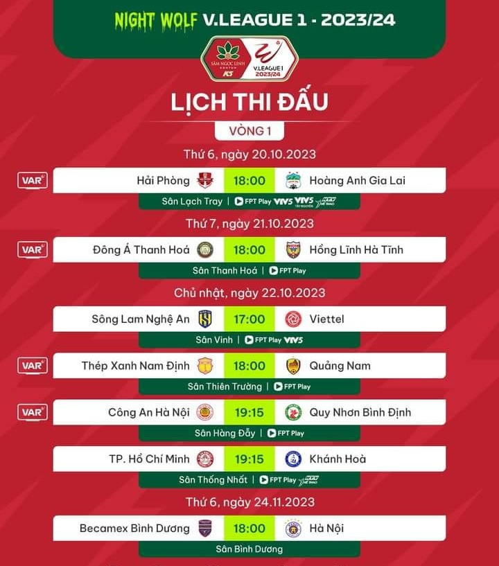 Lịch thi đấu vòng 1 V-League 2023/2024. Lịch thi đấu vòng 1 V-League 2023/2024.
