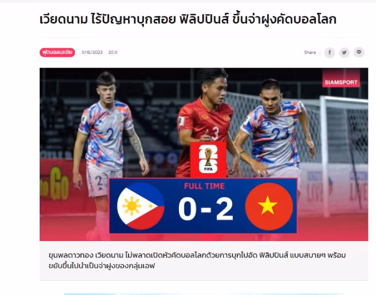 Tuyển Việt Nam được báo chí Thái Lan ngợi ca sau chiến thắng trước Philippines.