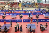 Các VĐV thi đấu tại Giải bóng bàn trẻ, thiếu niên, nhi đồng Phú Thọ mở rộng 2025.