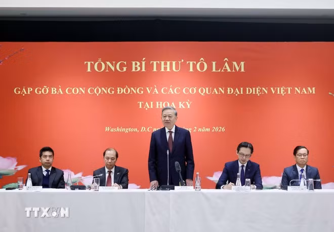 Tổng Bí thư Tô Lâm phát biểu tại buổi gặp gỡ. (Ảnh: Thống Nhất/TTXVN)