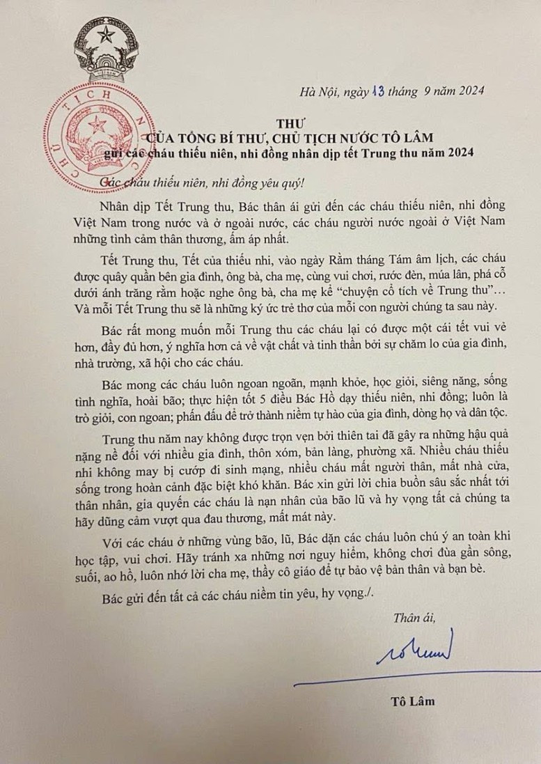 Tổng Bí thư, Chủ tịch nước Tô Lâm gửi thư chúc Tết Trung thu cho các cháu thiếu niên, nhi đồng.