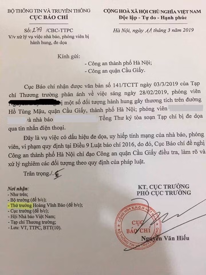 Văn bản của Cục Báo chí gửi cơ quan chức năng TP. Hà Nội.