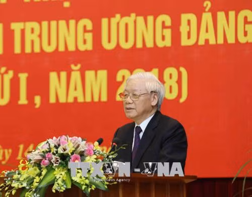 Tổng Bí thư Nguyễn Phú Trọng phát biểu tại lễ khai giản lớp học. Ảnh: TTXVN