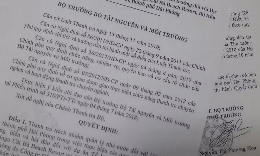 Quyết định số 2315/QĐ-BTNMT của Bộ Tài Nguyên và Môi trường về việc Thanh tra việc chấp hành pháp luật về tài nguyên và môi trường đối với Dự án Tổ hợp nghỉ dưỡng 5 sao cao cấp Flamingo Cát Bà Beach Resort