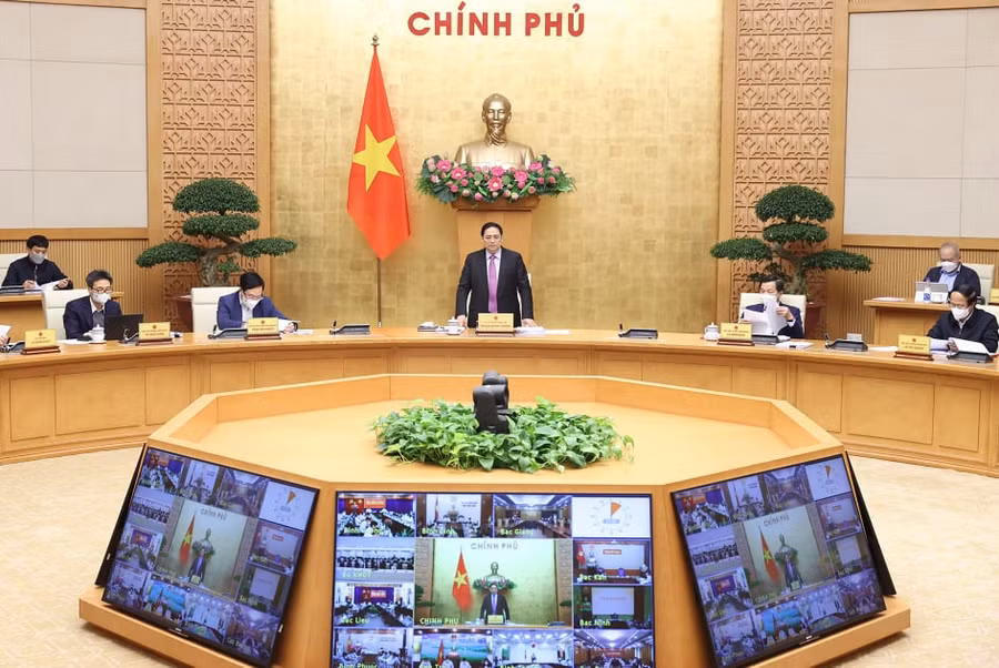 Thủ tướng Chính phủ Phạm Minh Chính chủ trì Hội nghị trực tuyến toàn quốc về đẩy nhanh tiến độ quy hoạch và tham vấn về định hướng Quy hoạch tổng thể quốc gia thời kỳ 2021 - 2030, tầm nhìn đến năm 2050. Ảnh: Dương Giang/TTXVN