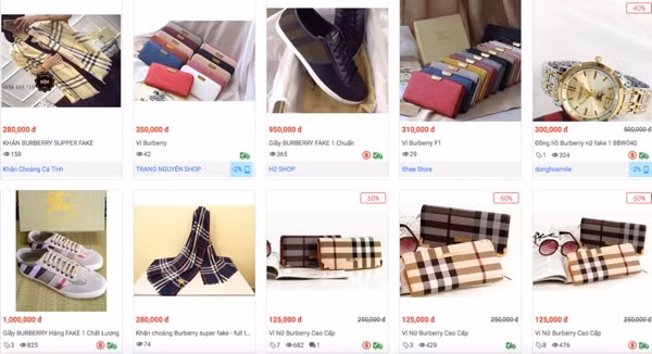 Hàng loạt sản phẩm giả nhãn hiệu Burberry bán trên trang Sendo - Ảnh chụp màn hình