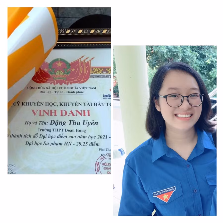 Đặng Thu Uyên (sinh viên khoa Ngữ Văn - Trường Đại học Sư phạm, trong kỳ thi tốt nghiệp THPT 2022 với 29,25 điểm - thủ khoa khối C tỉnh Phú Thọ năm 2022. Đặng Thu Uyên (sinh viên khoa Ngữ Văn - Trường Đại học Sư phạm, trong kỳ thi tốt nghiệp THPT 2022 với 29,25 điểm - thủ khoa khối C tỉnh Phú Thọ năm 2022.