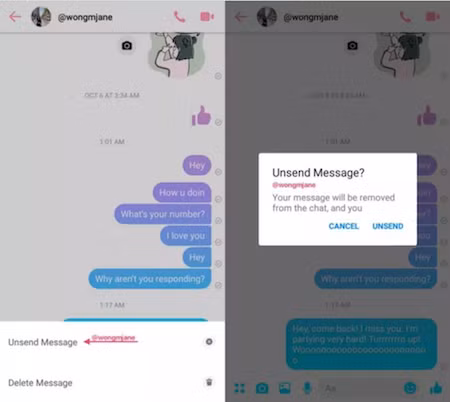 Giao diện thử nghiệm tính năng Unsend trên Facebook Messenger.