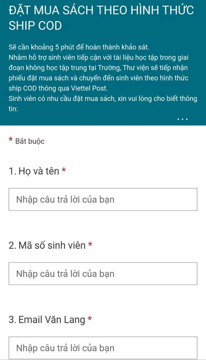 Mẫu đăng ký sách trên cổng trực tuyến của thư viện VLU.