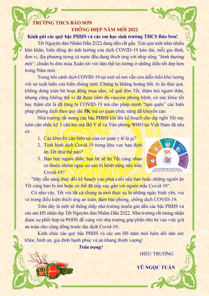 Thông điệp của thầy Vũ Ngọc Tuấn gửi đến các em học sinh Trường THCS Bảo Sơn dịp nghỉ Tết Nguyên Đán.