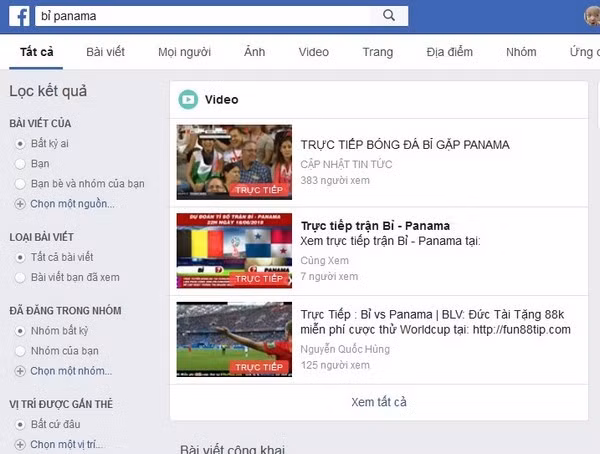 Chỉ cần kiếm từ khóa tên trận đấu đang diễn ra trên Facebook...