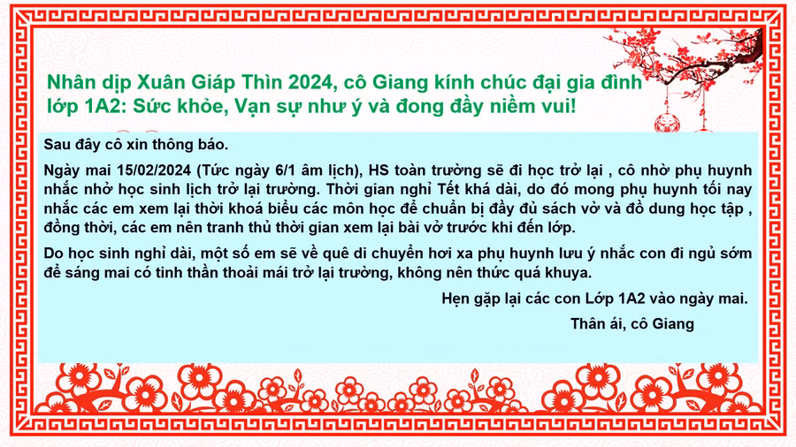 Cô Phạm Hương Giang, giáo viên Trường Tiểu học Thành Công A (quận Ba Đình, Hà Nội) đã trực tiếp nhắn vào nhóm zalo của lớp nhắc nhở phụ huynh về lịch trở lại trường của con. Ảnh NVCC. Cô Phạm Hương Giang, giáo viên Trường Tiểu học Thành Công A (quận Ba Đình, Hà Nội) đã trực tiếp nhắn vào nhóm zalo của lớp nhắc nhở phụ huynh về lịch trở lại trường của con. Ảnh NVCC.