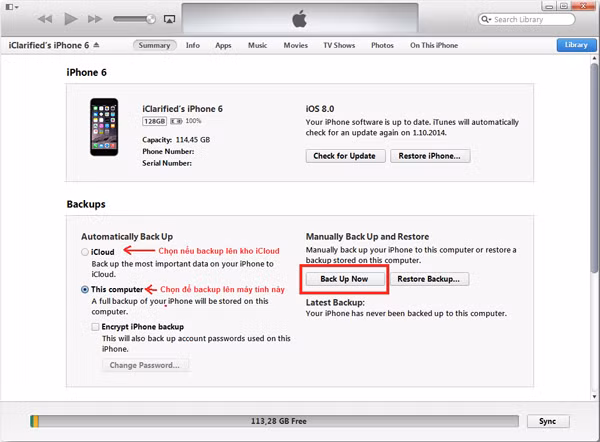 Hướng dẫn “restore” iPhone 6 và iPhone 6 Plus: Sau khi “restore” tất cả dữ liệu như danh bạ, ảnh, nhạc, game… đều sẽ mất hết nên bạn cần làm thao tác sao lữu dữ liệu lại trước bằng cách nhấn vào nút Back Up Now (khung đỏ). A1-cach-restore-iPhone-6-cach-restore-iPhone-6-Plus.jpg