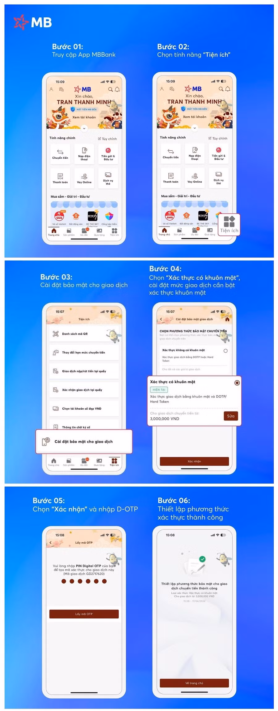 6 bước đơn giản để cài đặt xác thực trên App MBBank. 6 bước đơn giản để cài đặt xác thực trên App MBBank.