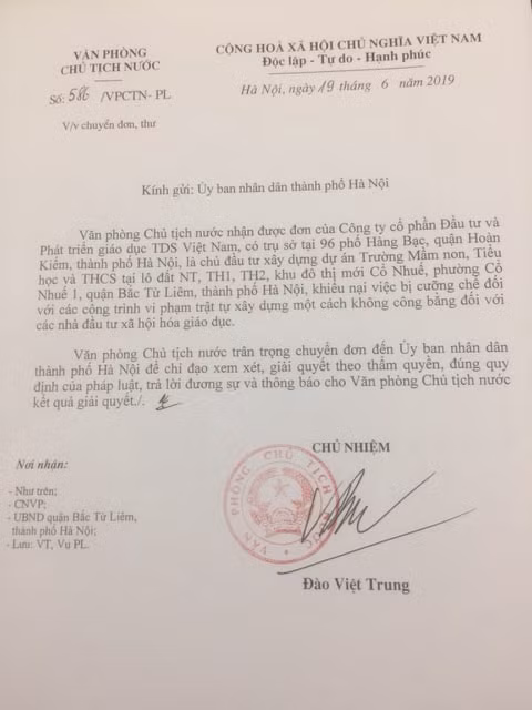 Văn phòng Chủ tịch nước chuyển đơn đến UBND TP Hà Nội.
