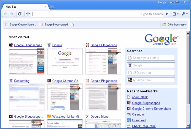 Giao diện Google Chrome phiên bản Beta ra mắt hồi năm 2008