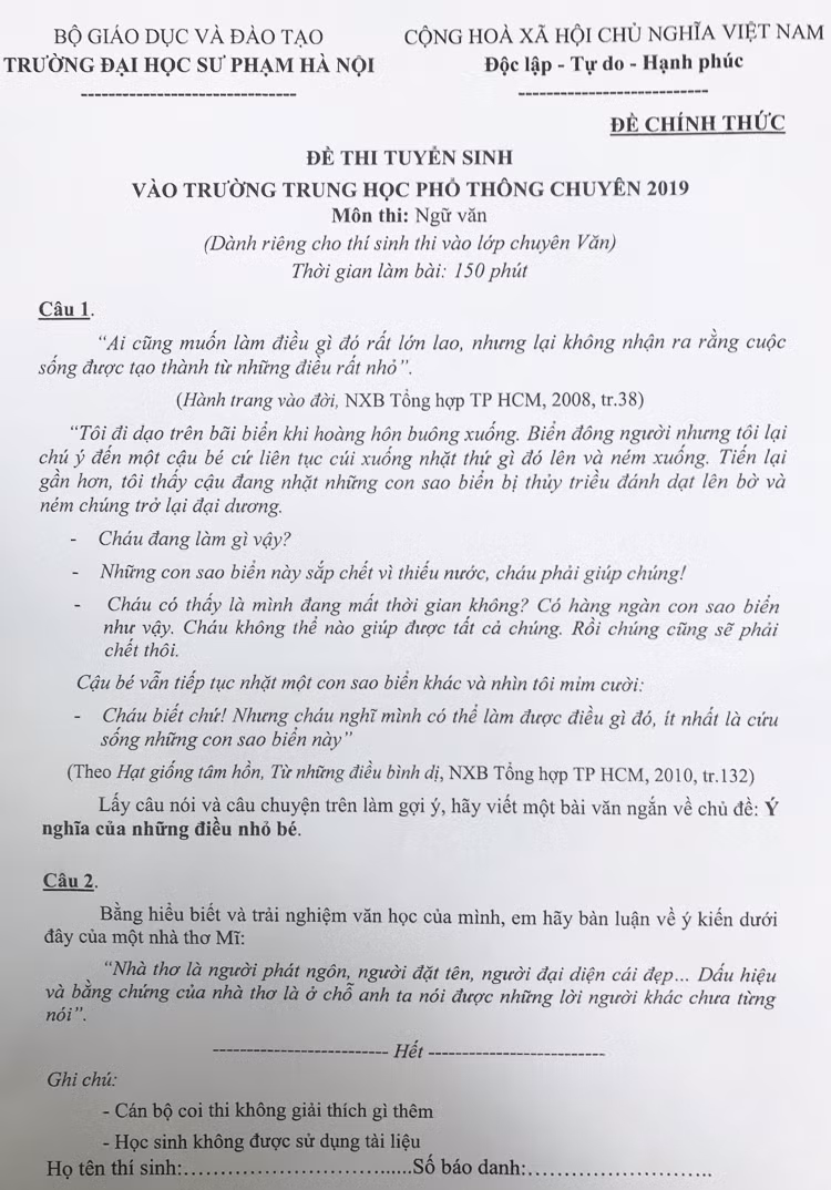 Đề thi môn Văn.