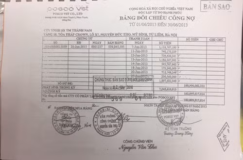Bảng đối chiếu công nợ hàng trăm tỷ đồng mà danh tính doanh nghiệp lại là một pháp nhân có cái tên gần giống tên doanh nghiệp bị đơn. Ảnh: Thời báo Doanh nhân.