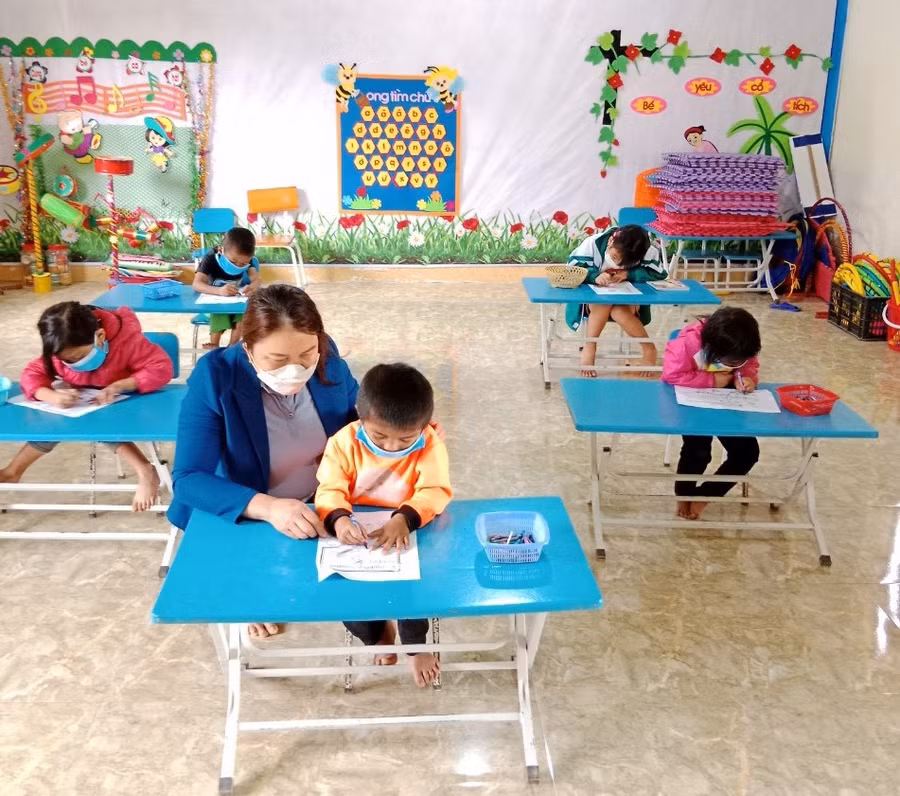 Giờ học của cô trò Trường Mầm non Hương Liên (huyện Hương Khê, tỉnh Hà Tĩnh).