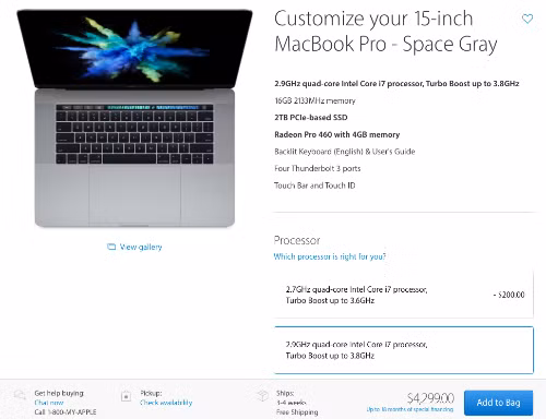 Giá bán cho tuỳ chọn cấu hình cao nhất của MacBook Pro 2016 15 inch lên tới 4.299 USD.