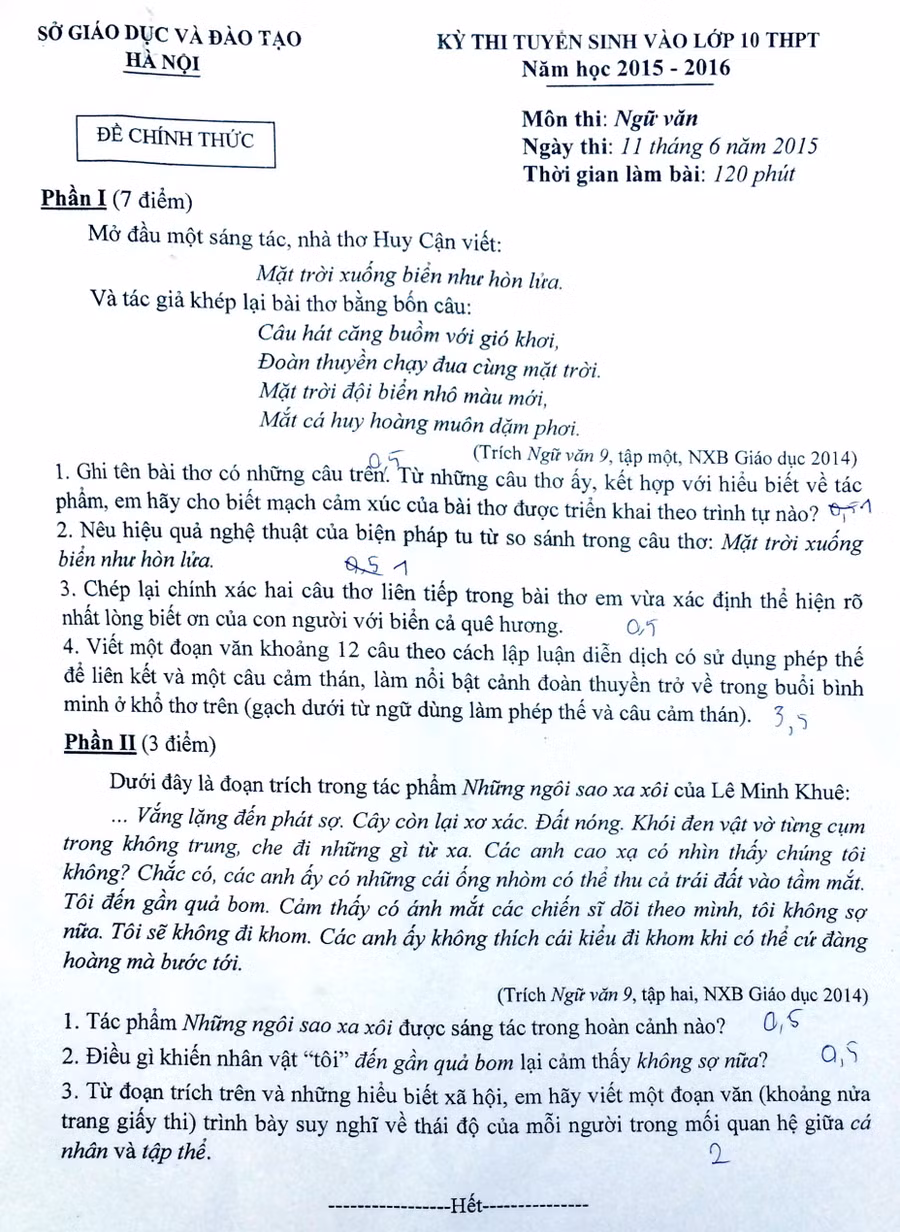 Đề thi môn Văn tại Hà Nội