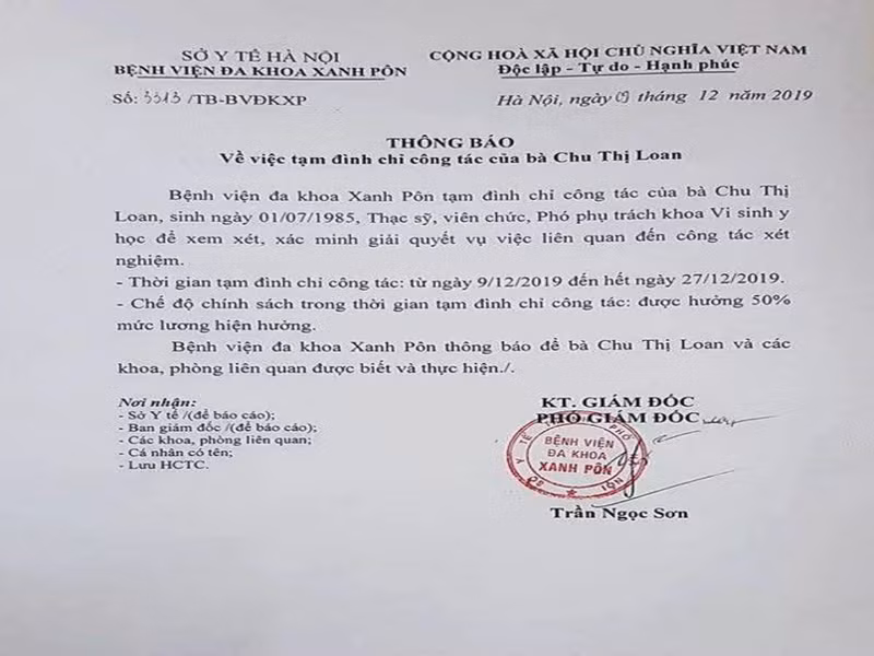 Bệnh viện Xanh Pôn đã ra quyết định tạm đình chỉ công tác đối với 3 cán bộ.