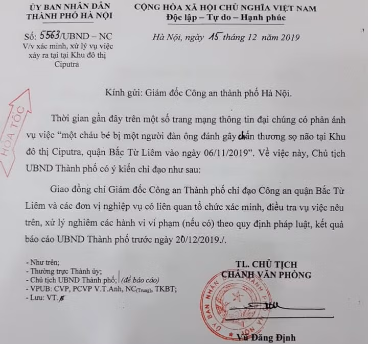 Văn bản của UBND TP Hà Nội chỉ đạo về sự việc.