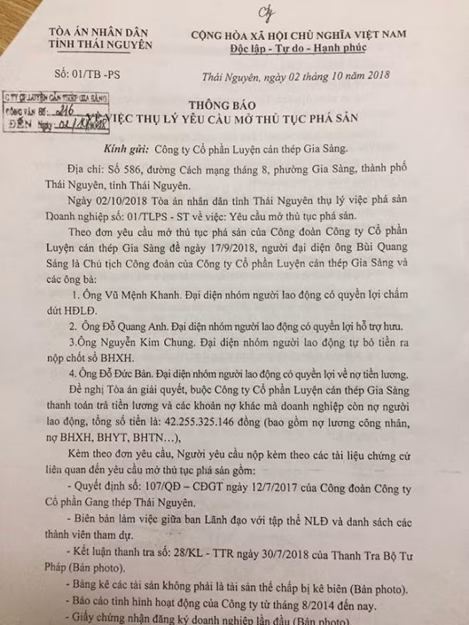Thông báo thụ lý đơn yêu cầu mở thủ tục phá sản của Tòa án Nhân dân tỉnh Thái Nguyên.