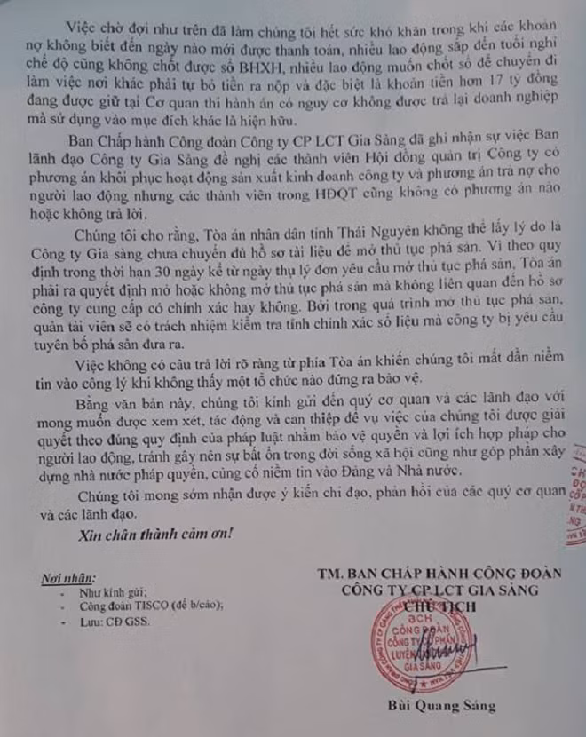Đơn kêu cứu của Công đoàn Công ty CP Luyện cán thép Gia Sàng.