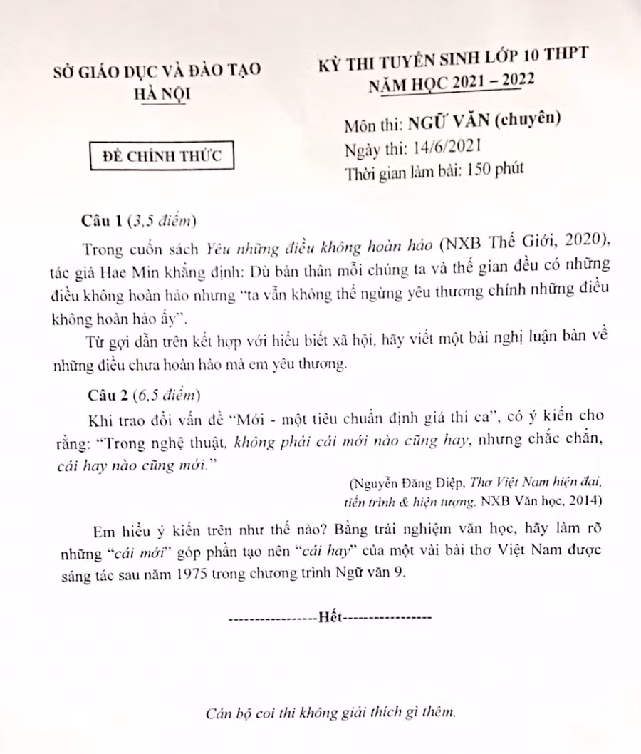 Đề thi môn Ngữ văn