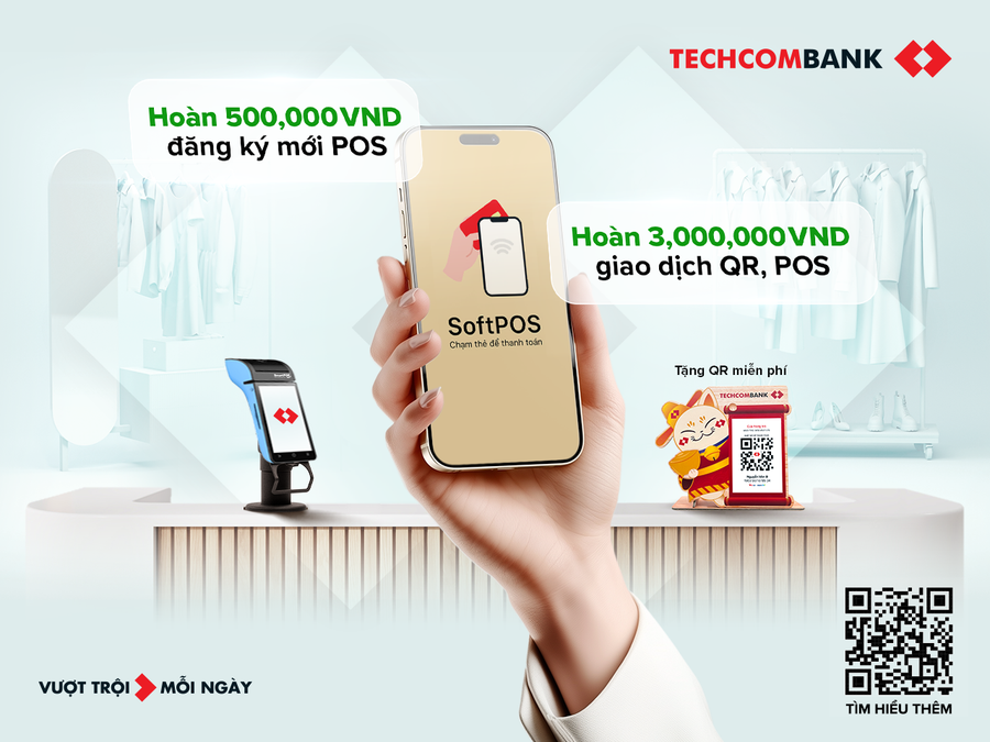 Ưu đãi hoàn tiền tới 3,5 triệu đồng cho DN sử dụng máy POS, QR code Techcombank