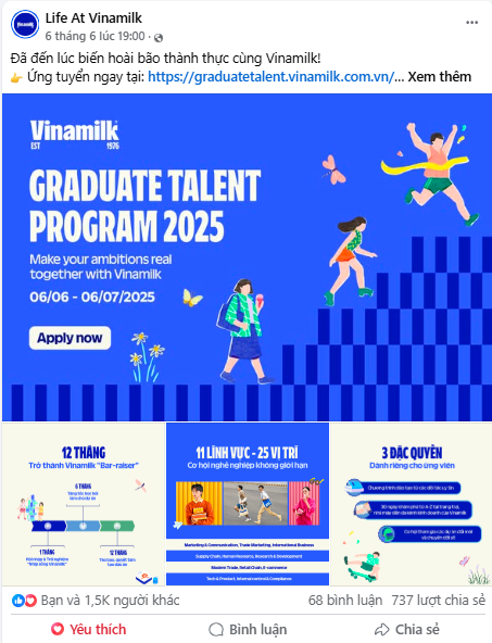 Thông tin tuyển dụng Vinamilk Graduate Talent Program trên fanpage của doanh nghiệp được nhiều bạn trẻ quan tâm vnm.png
