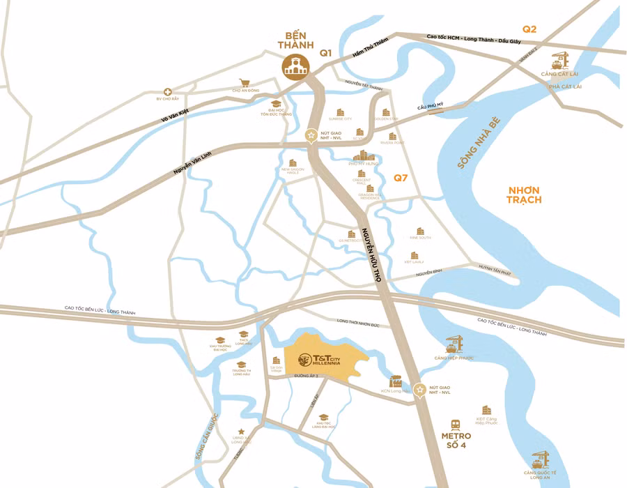 T&T City Millennia sở hữu vị trí đắc địa cùng lợi thế thừa hưởng từ hạ tầng tỷ đô phía Nam Sài Gòn.