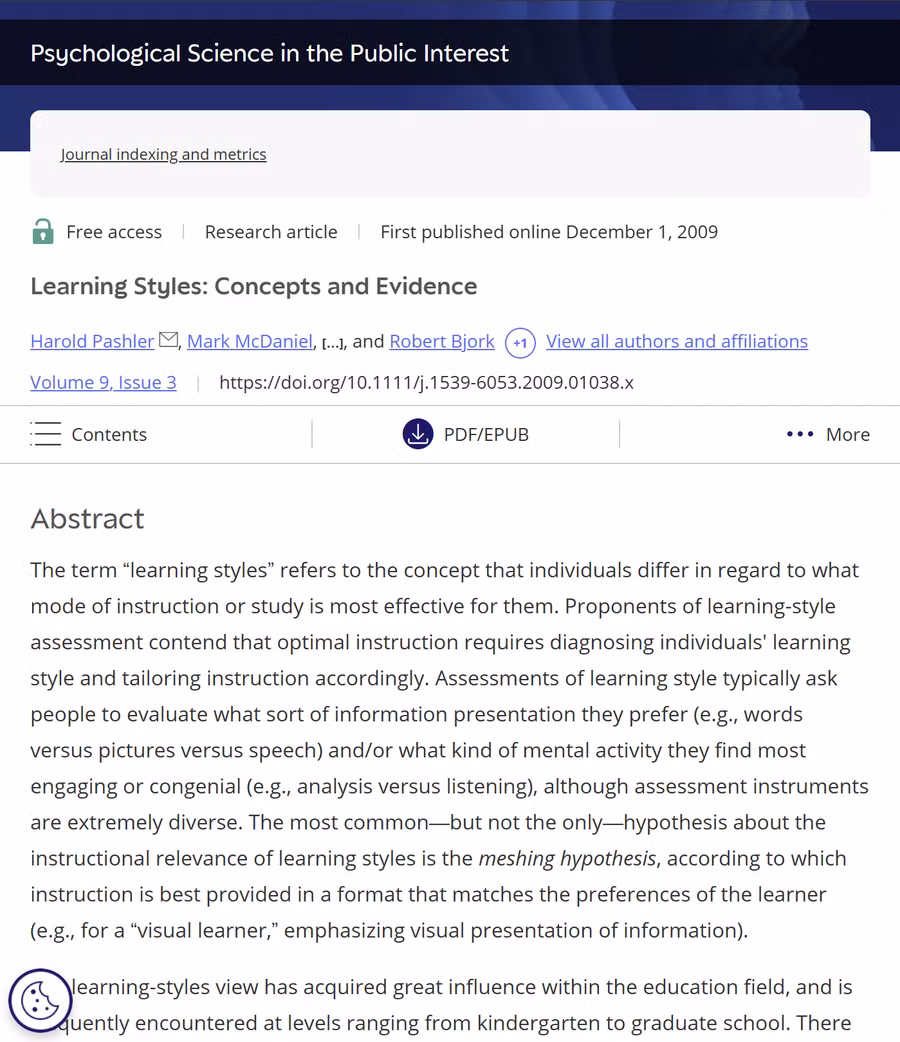 Bài nghiên cứu “Phong cách học tập: Khái niệm và Bằng chứng” được đăng tải trên Sage Journals. (Ảnh chụp màn hình)