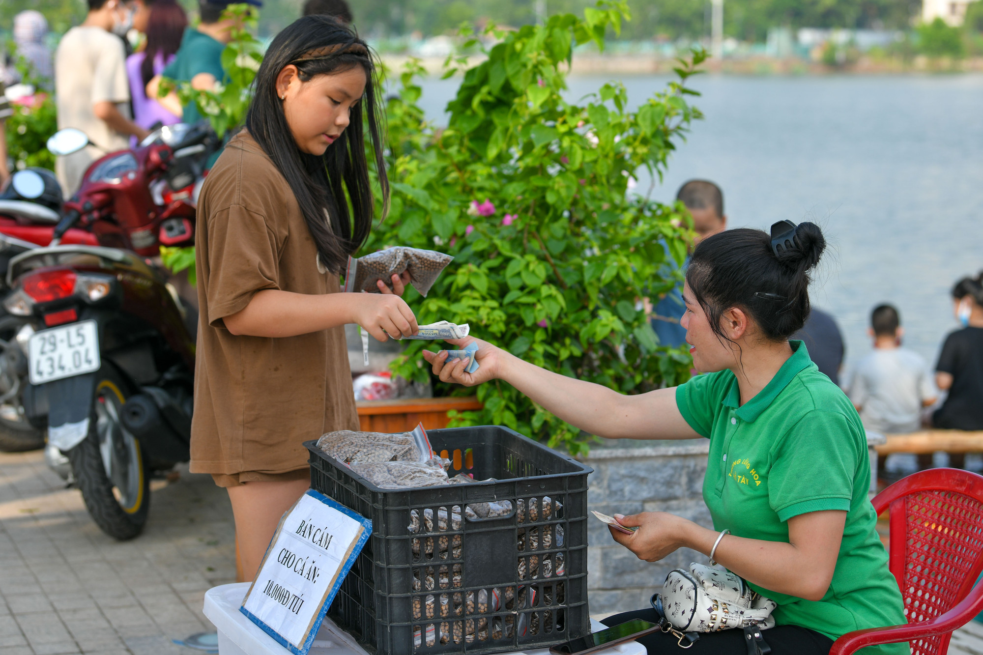 Tại nơi đây đơn vị cũng bán loại cám cho cá ăn với giá 10.000 đồng/1 túi để phục vụ người dân đến chơi.