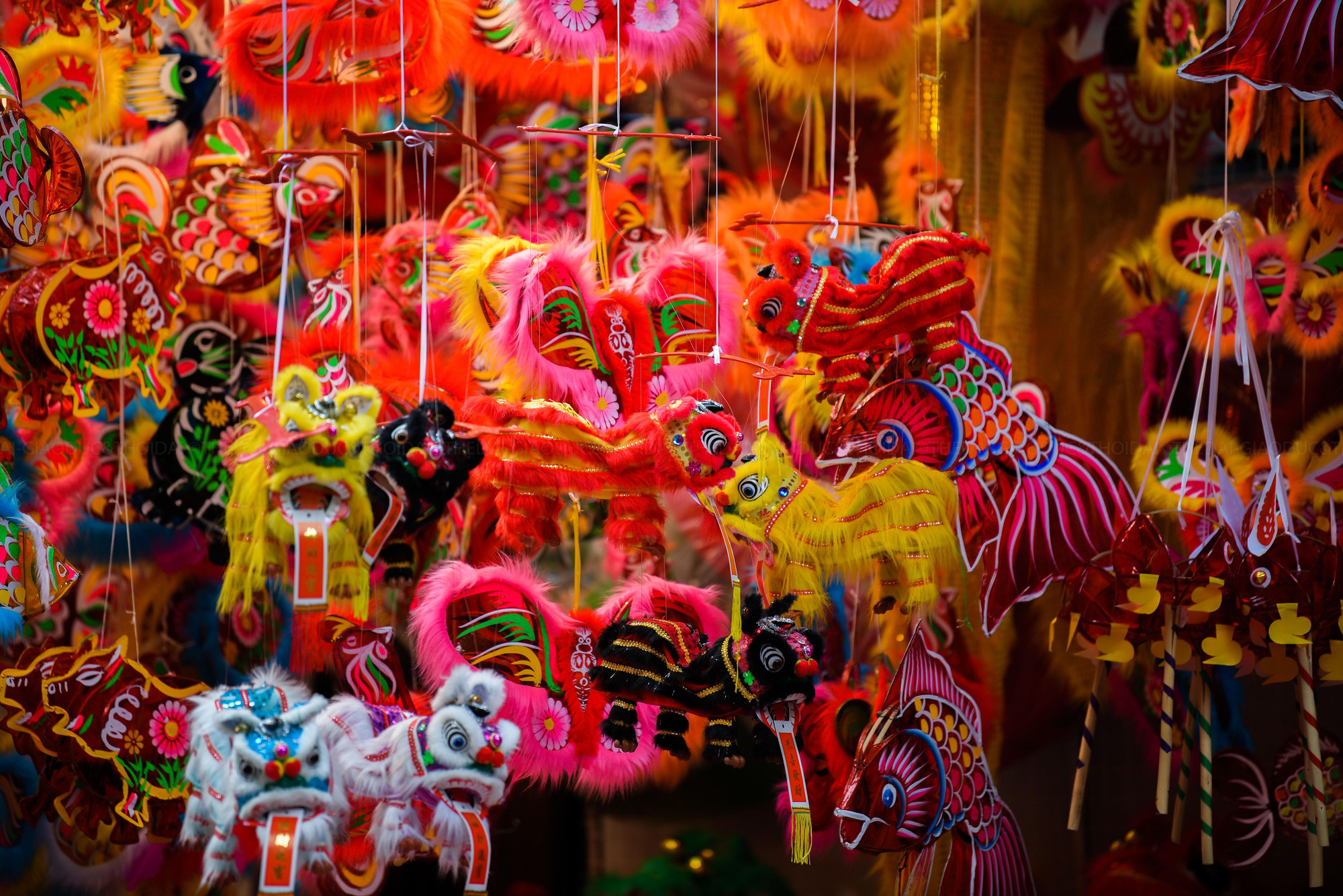 Đồ chơi có màu sặc sỡ đều được các chủ cửa hàng treo lên cao nhằm thu hút khách tới mua.