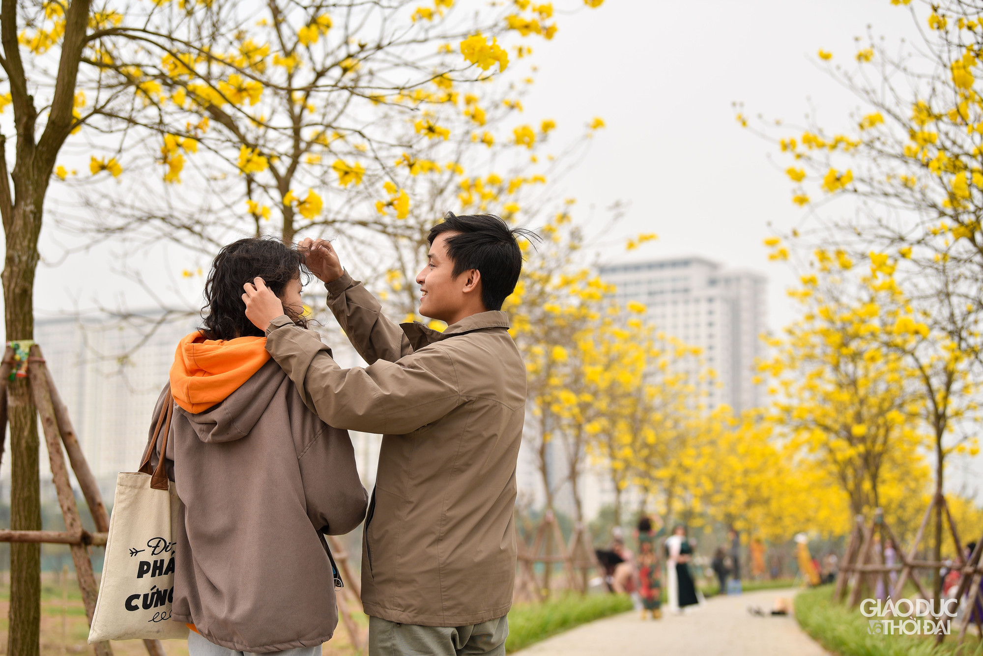 Mang vẻ đẹp rực rỡ, con đường hoa phong linh thu hút rất đông người dân đến ngắm hoa, đi dạo, chụp ảnh.