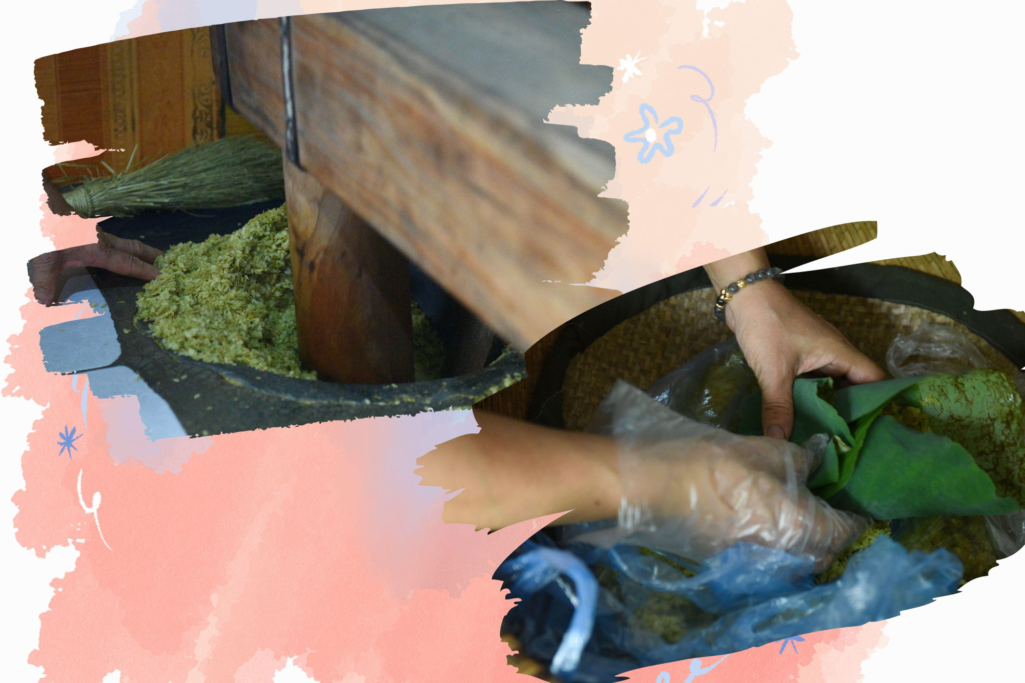 Cốm sau khi rang xong sẽ được xát vỏ rồi phải mang giã ngay, không được để nguội.